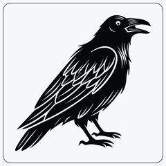 Stylized raven illustration. Black crow with open beak. Gothic symbol for Halloween, mythology, or a mascot logo. Vector graphic.