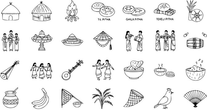 Assamese Bihu Festival Icons: Traditional Huts, Pitha Snacks, Music, Dance, and Cultural Symbols - Hand Drawn Vector Illustrations