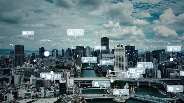 Drone aerial photography of modern city and social network concept image