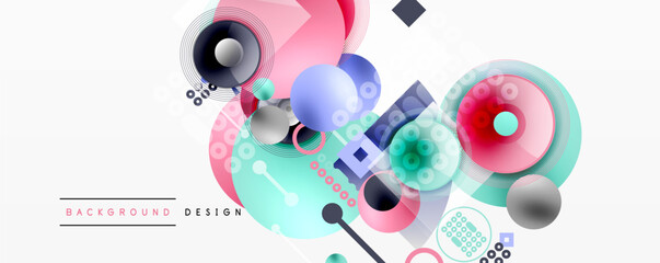 Abstract colorful shapes overlap, creating dynamic composition. Modern design elements include circles, squares, lines. Minimalist aesthetic.