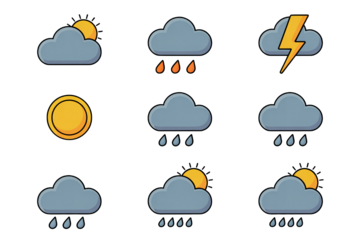 Diverse weather icons for forecasts and climate data