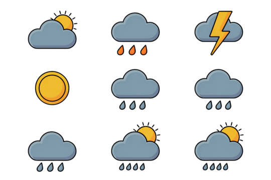 Diverse weather icons for forecasts and climate data