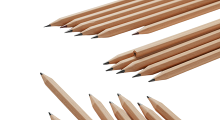 Multiple wooden pencils isolated on black background with natural color and sharpened tips, perfect for school, office, and creative projects