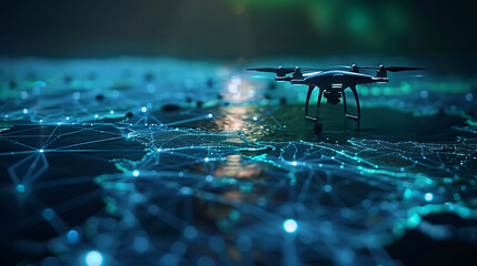 AI controlled robotic drones mapping glowing holographic terrain in 3D visualization  