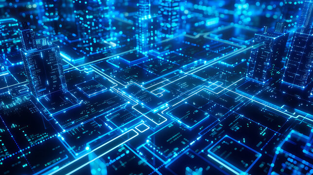 AI controlled city infrastructure glowing in blue lights futuristic urban design   - Powered by Adobe