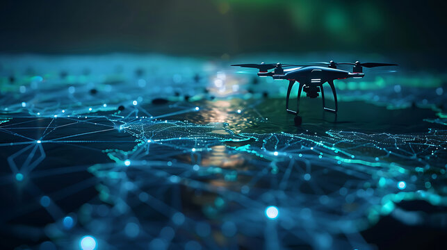 AI controlled robotic drones mapping glowing holographic terrain in 3D visualization  