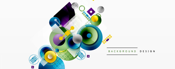 Fototapeta premium Abstract geometric shapes, vibrant colors, modern design elements. Circles, squares, rectangles create dynamic composition. Background texture adds visual interest.