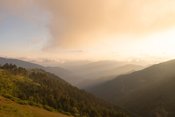 Mountain ranges with fog and forest at sunset. Landscape of the mountains