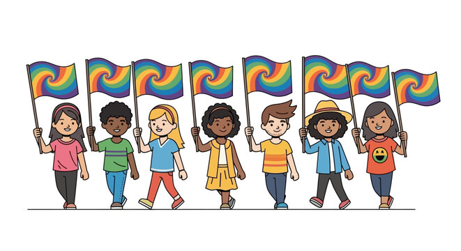 Diverse group of children march together proudly holding vibrant swirling rainbow flags high