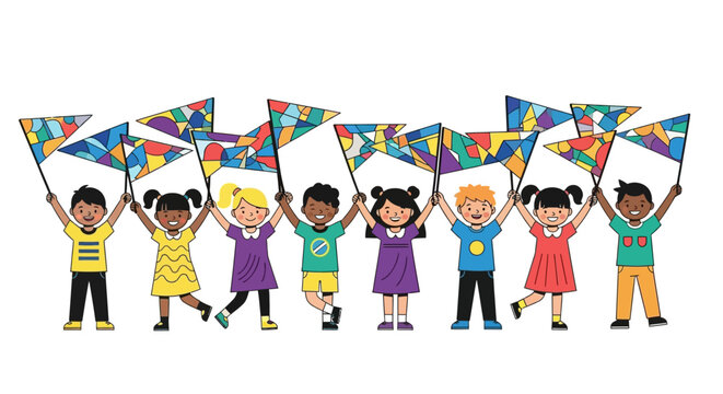 A vibrant gathering of diverse children joyfully holding colorful patterned flags together