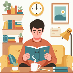 Fototapeta premium Cartoon illustration of a man relaxing drinking coffee while reading a book