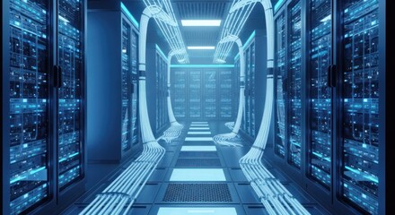 Futuristic data center room with glowing servers and structured cabling infrastructure