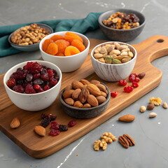 board and bowls with dried fruits and nuts on gray