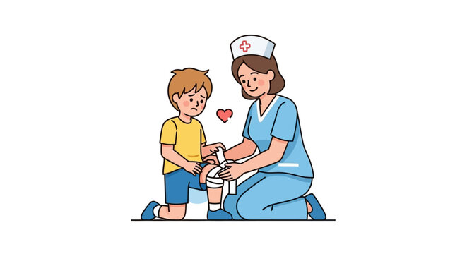 Caring nurse bandages a young boy's injured knee with empathy and professionalism creating a sense