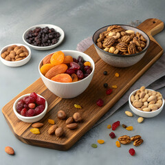 board and bowls with dried fruits and nuts on gray