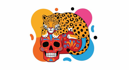 Vibrant mexican day of the dead jaguar perched atop decorated sugar skull artwork