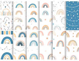 Collection of colorful, hand-drawn, repeating patterns with rainbow and dot motifs, ideal for children's projects