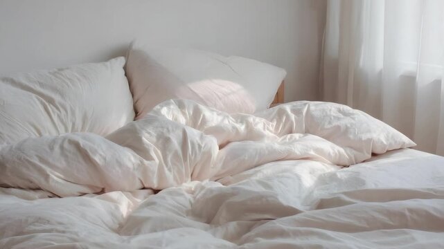 White rumpled bed with fluffy pillows in a sunlit cozy bedroom.