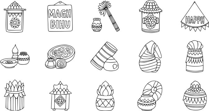 Magh Bihu Festival Line Art Icons Set - Traditional Assamese Harvest Celebration Elements and Symbols Vector Illustration