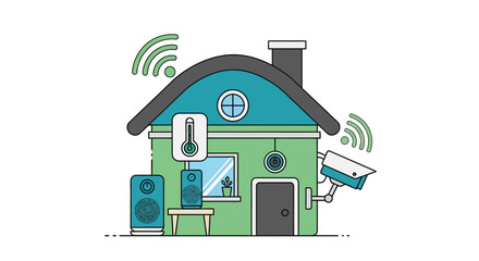 Smart home concept illustration showing wireless connectivity and security surveillance systems