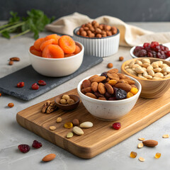 board and bowls with dried fruits and nuts on gray