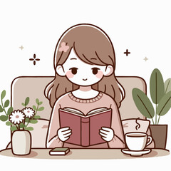 Cartoon illustration of a woman relaxing drinking coffee while reading a book