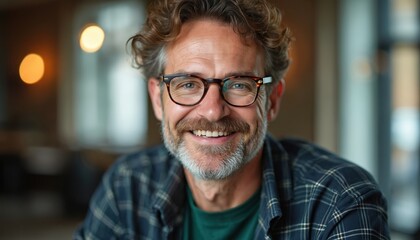 Obraz premium Mature man with beard and glasses smiles. He wears plaid shirt and green shirt. He looks confident and happy. He could be a businessman or professional.
