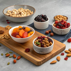 board and bowls with dried fruits and nuts on gray
