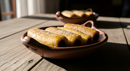 Freshly Baked Pastries on Wooden Table with Natural Light Highlighting Details