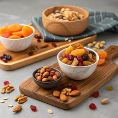 board and bowls with dried fruits and nuts on gray
