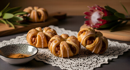 Freshly Baked Pastries with Glaze and Spices on a Decorative Doily and a Floral Accent