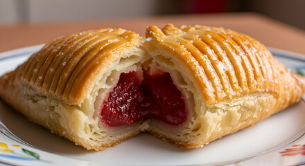 Freshly Baked Pastry with Red Filling, Delicious Dessert Food Photography Closeup View