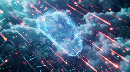 AI holographic cloud glowing in abstract geometric space futuristic visualization  