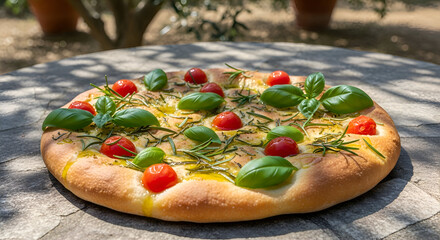 Freshly baked pizza focaccia topped with tomatoes, basil, and rosemary on a stone table