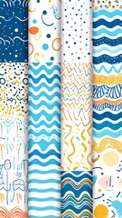 Collection of colorful patterns with dynamic lines, dots, circles, and shapes in various shades of blue, orange, and white