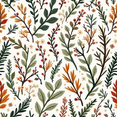 Fototapeta premium Autumnal botanical pattern features wild herbs and plants with berries and leaves in warm colours on a light background. Organic design repeats in a seamless decorative motif for natural themes.