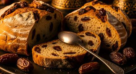 Freshly baked raisin bread slices with dates, delicious food concept photography no commas