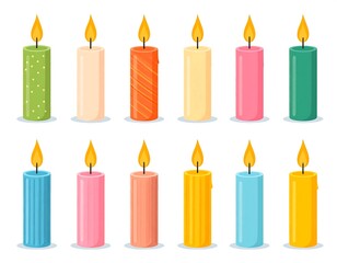 Collection of colorful, stylized candles with burning flames. Vector illustration on a white backdrop. Perfect for various decorative and festive uses