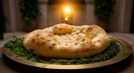 Freshly Baked Ramadan Bread With Herbs on a Golden Plate Close-up View