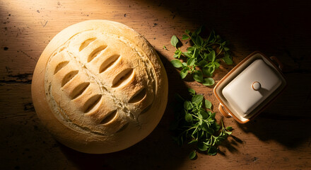 Freshly baked rye bread with herbs and butter on a wooden table for lunch