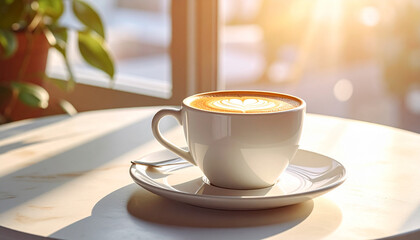 Fototapeta premium Coffee cup with foam detail on white ceramic plate in morning sunlight, macro close-up