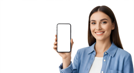 Woman Smiling While Holding Smartphone with Blank Screen on white background, png