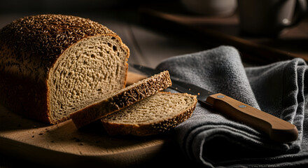 Freshly baked rye bread with seeds sliced on a wooden board ready to eat