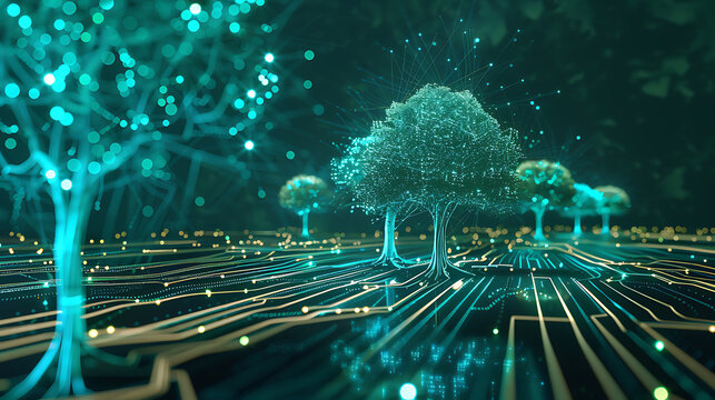 AI network visualized as glowing digital trees and circuits futuristic environment  
