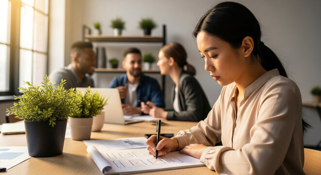 Diverse team discussing app idea in office, collaboration and innovation in mobile development