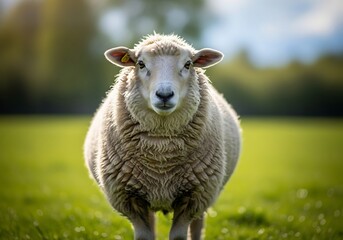 Obraz premium A fluffy white sheep stands in a vibrant green pasture, looking directly at the camera with a curious expression.