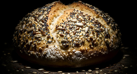 Freshly Baked Seeded Bread Loaf with a Dark and Moody Aesthetic, Food Photography