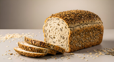 Freshly Baked Seeded Bread Loaf with Slices, Perfect for Breakfast or Lunch