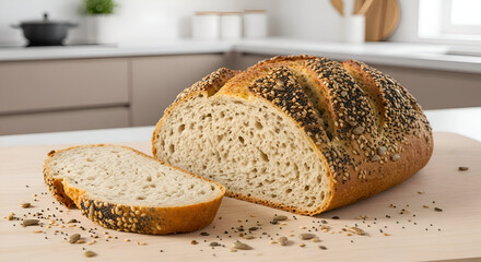 Freshly Baked Seeded Bread Sliced and Placed on a Wooden Cutting Board in Kitchen Settings