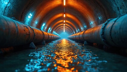 Water flows in industrial sewer tunnel. Orange lights reflect in liquid. Long perspective view in underground urban environment. Pipes line tunnel walls. Concept for water management and treatment.